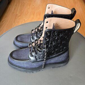 Salvatore Ferragamo Gancini-Embossed Calf Leather and Denim Lace-Up Combat Boots